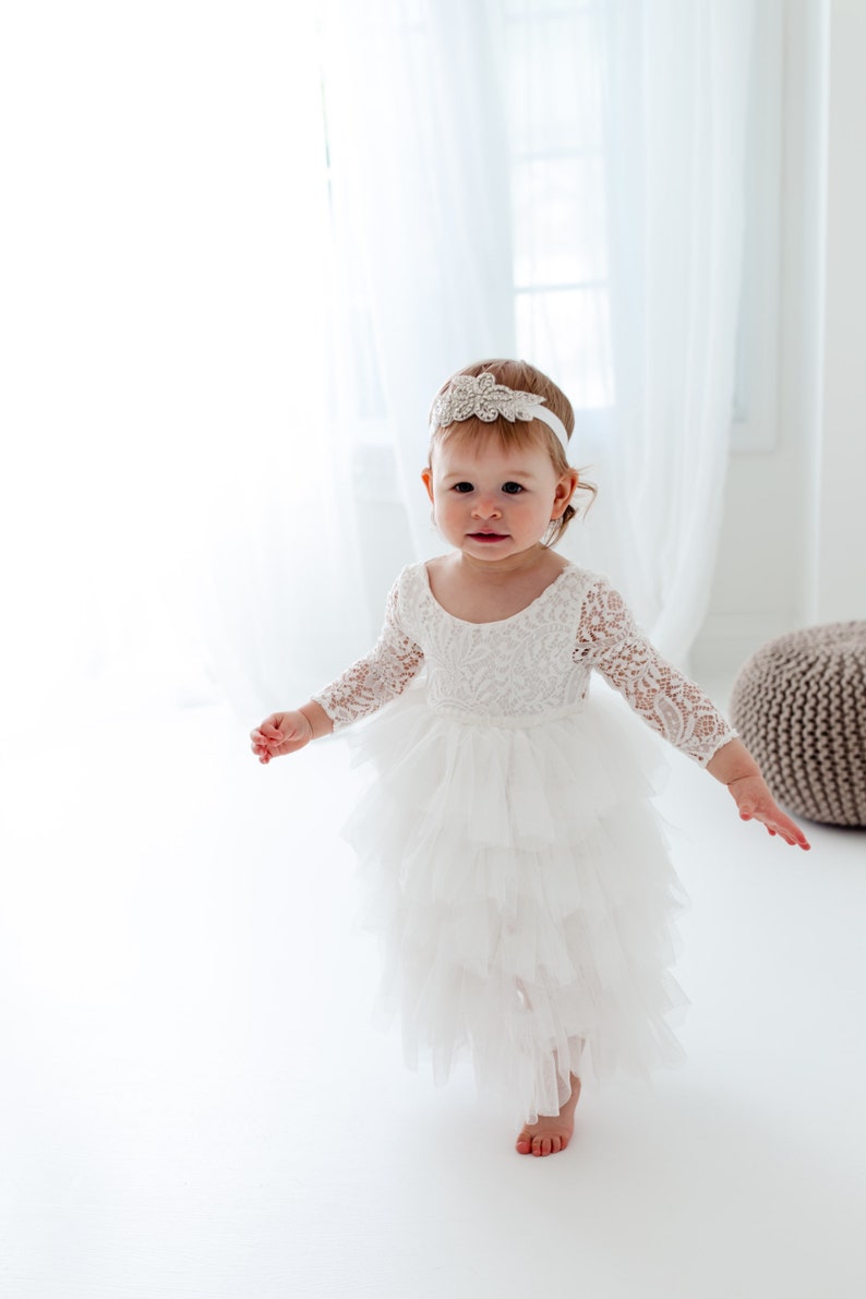 Romantic White Lace Toddler Flower Girl Dress, Boho Long Sleeve Crochet Tulle Wedding Gown for Girls image 8