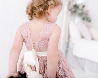 Boho Lace Flower Girl Dress, Mauve Tulle Wedding Dress, Rose Wedding Dress, Rustic Blush Bohemian Dresses