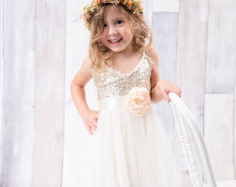 Ivory Tulle Flower Girl Dress, Gold sequin Wedding Gown, Easter Dress, Boho Beach Wedding, Fairy, Unique Romantic