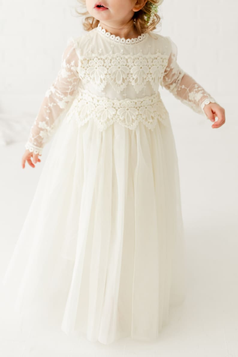 Tyra Ivory Lace Flower Girl Dress, Bohemian Tulle Wedding Dress, Rustic Baby Christening Gown image 5