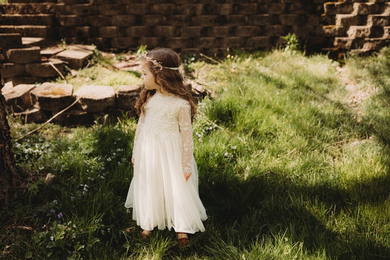 Boho Lace Flower Girl Dress, Bohemian Ivory Tulle Wedding Dress, Rustic Lace Dress, Boho Christening Gown, Baptism Dress, Communion image 9