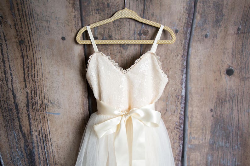 May include: A white tulle dress with a lace bodice and a satin sash. The dress is hanging on a wooden hanger against a woodgrain background.