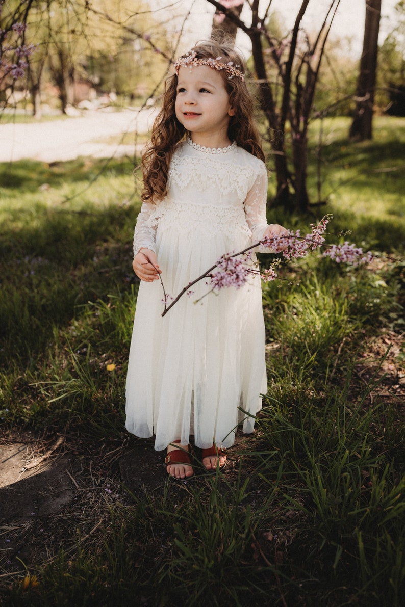 Bohemian Lace Flower Girl Dress, Rustic Ivory Tulle Wedding Dress, Bohemian Lace Dress, Boho Christening Gown, Baptism Dress image 7