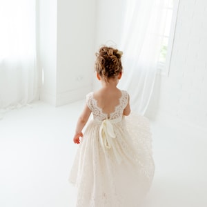 Boho Lace Flower Girl Dress, Cream Tulle Wedding Dress for Girls, Beach Rustic Bohemian Junior Bridesmaid Gown image 8