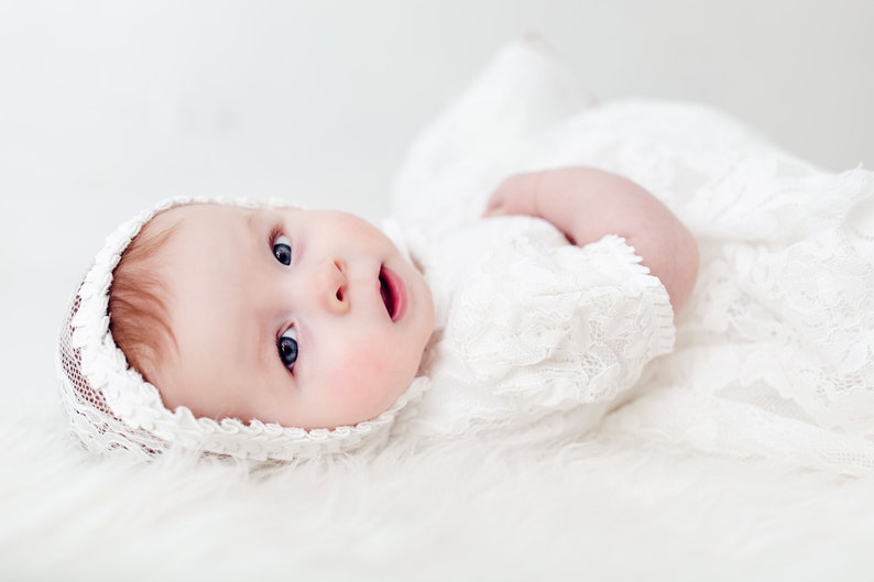 White Lace Baptismal Gown, Infant Christening Dress, Unique Baby Girl Boho Dress, Flower Girl image 6