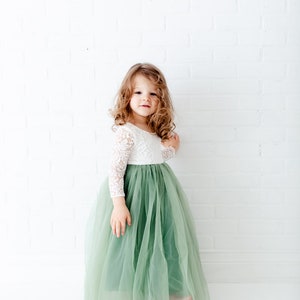 Sage Green Long Sleeve Flower Girl Dress, White Lace Boho Wedding Dress for Girls, Mint Tulle Ball Gown, Eucalyptus & Fern Inspired image 6