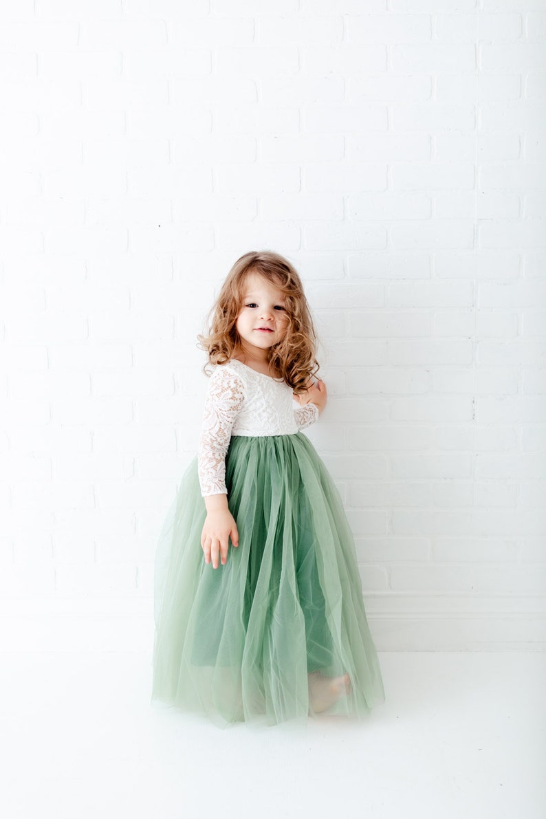 Sage Green Long Sleeve Flower Girl Dress, White Lace Boho Wedding Dress for Girls, Mint Tulle Ball Gown, Eucalyptus & Fern Inspired image 6