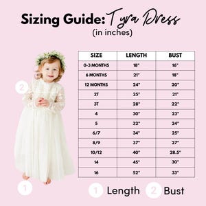 May include: A sizing guide for the Tyra Dress featuring a child wearing a white long-sleeved dress with lace detailing and a floral crown. A table lists sizes from 0-3 months to 16 with corresponding length and bust measurements in inches.