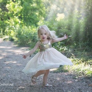 Champagne Gold Flower Girl Dress, Long Sequin Ball Gown, Ivory Beige Boho Lace Dress, Bohemian Beach Wedding Girl Outfit image 9
