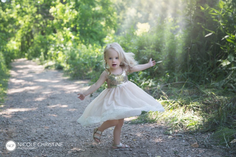 Champagne Gold Flower Girl Dress, Long Sequin Ball Gown, Ivory Beige Boho Lace Dress, Bohemian Beach Wedding Girl Outfit image 9