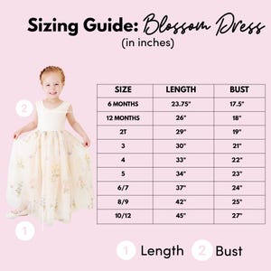 May include: A sizing guide for the Blossom Dress featuring a table with measurements in inches for sizes 6 months to 10/12. The table lists length and bust dimensions for each size, accompanied by a visual diagram indicating length and bust points.