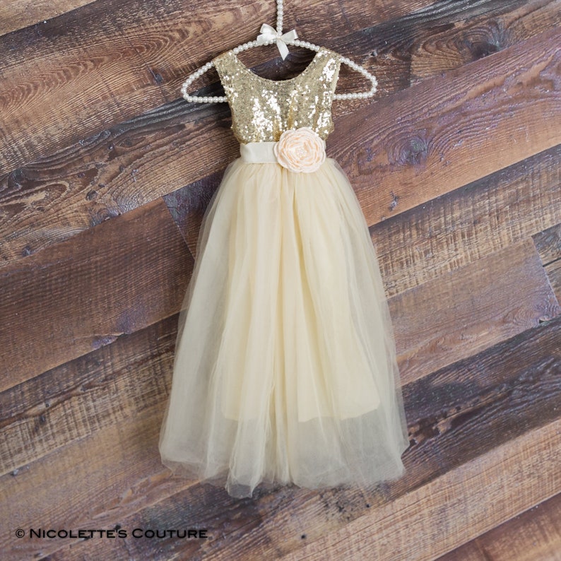 Gold Sequin Flower Girl Dress Champagne Tulle Wedding Gown Etsy