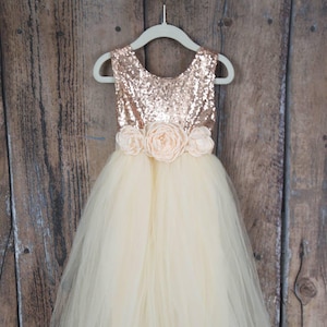 Romantic Tulle Flower Girl Dress, Boho Chic Dresses, Ivory Ball Gown, Rose Gold Sequin Dress image 1