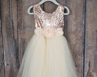 Romantic Tulle Flower Girl Dress, Ivory Boho Chic Ball Gown, Rose Gold Sequin Wedding Dress for Girls