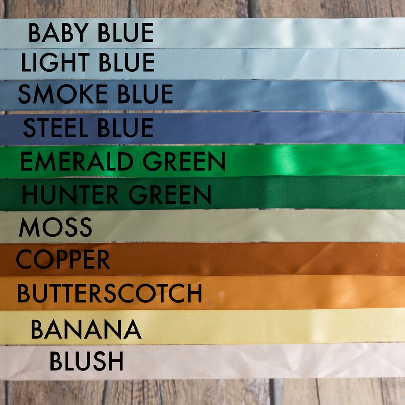 May include: A collection of eleven horizontal satin ribbons in various colors, each labeled with black text: Baby Blue, Light Blue, Smoke Blue, Steel Blue, Emerald Green, Hunter Green, Moss, Copper, Butterscotch, Banana, and Blush.
