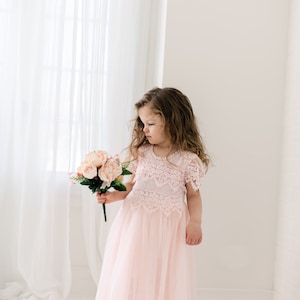 Rustic Lace Flower Girl Dress, Blush Pink Boho Wedding Dress for Girls, Rose Gold Tulle Junior Bridesmaid Gown image 10