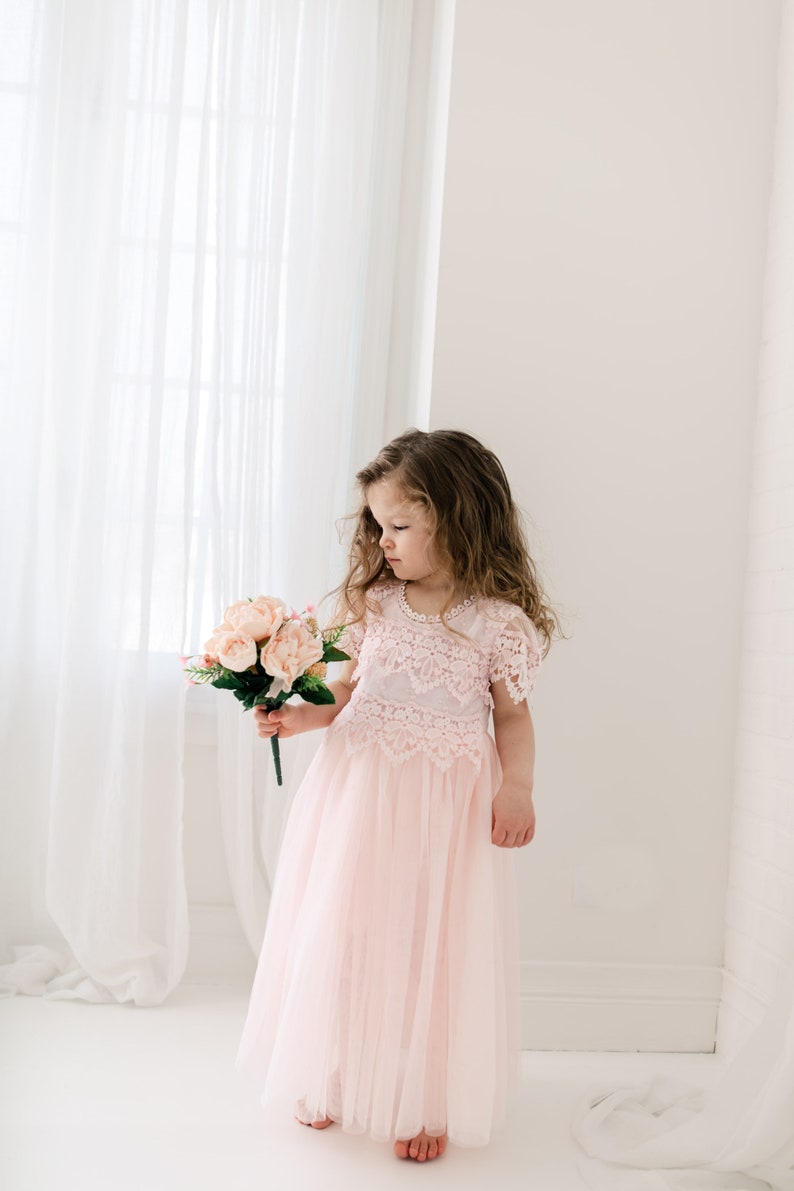 Beach Wedding Pink Tulle Wedding Dress Country Wedding Dress Blush Long Flower Girl Dress
