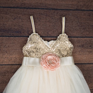 Girls Boho Flower Girl Dresses, Infant Gold Sequin Dresses, Ivory Tulle Baby Dress