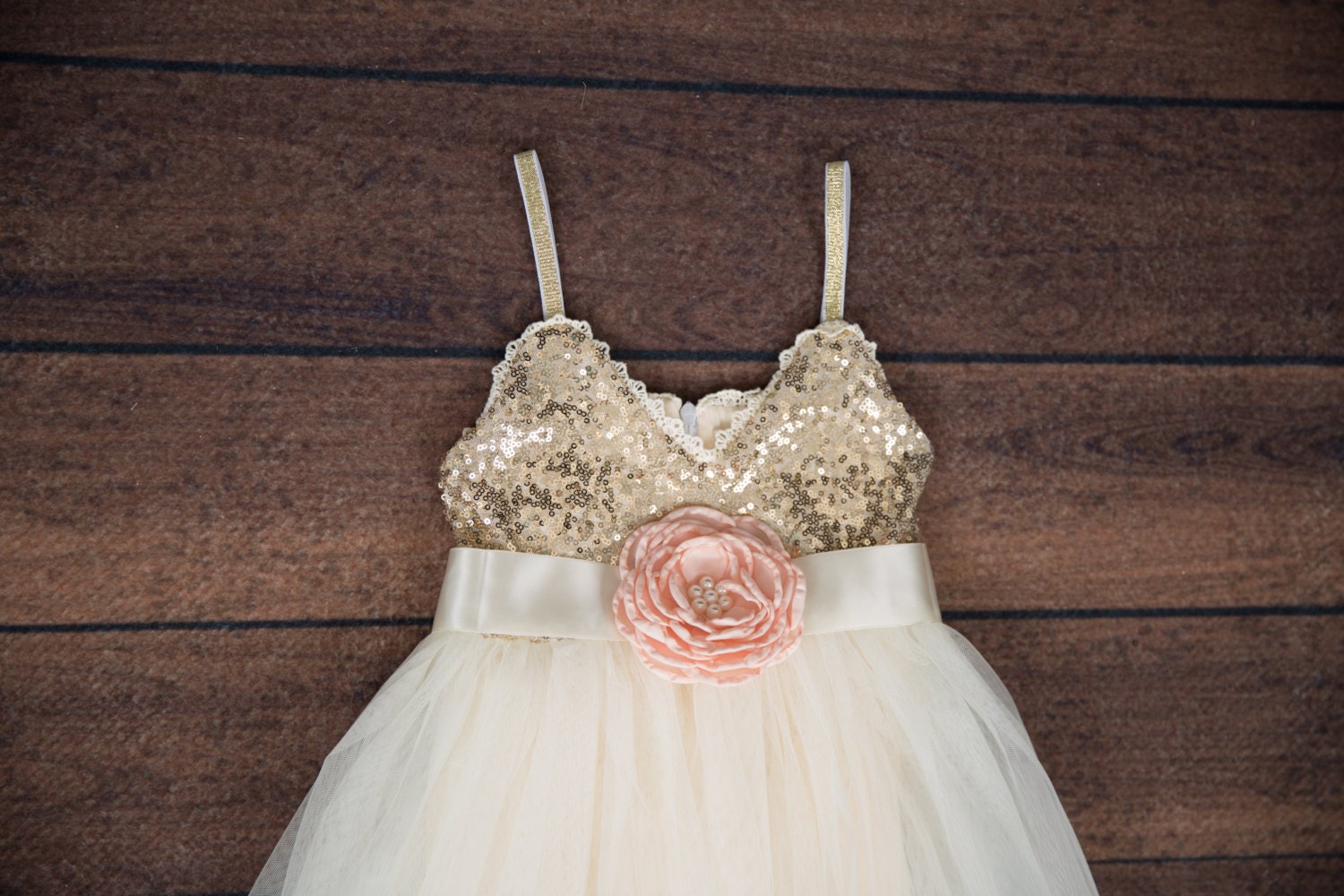 Cute Gold Sequin Tulle Ankle Length Custom Flower Girl Dress main image 1
