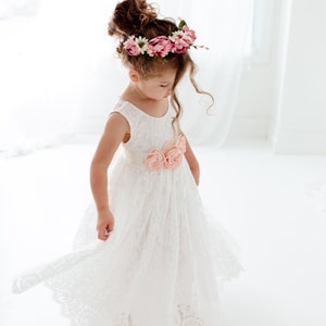 Boho Lace Flower Girl Dress, White Tulle Wedding Dress for Girls, Beach Rustic Bohemian Junior Bridesmaid Gown image 8