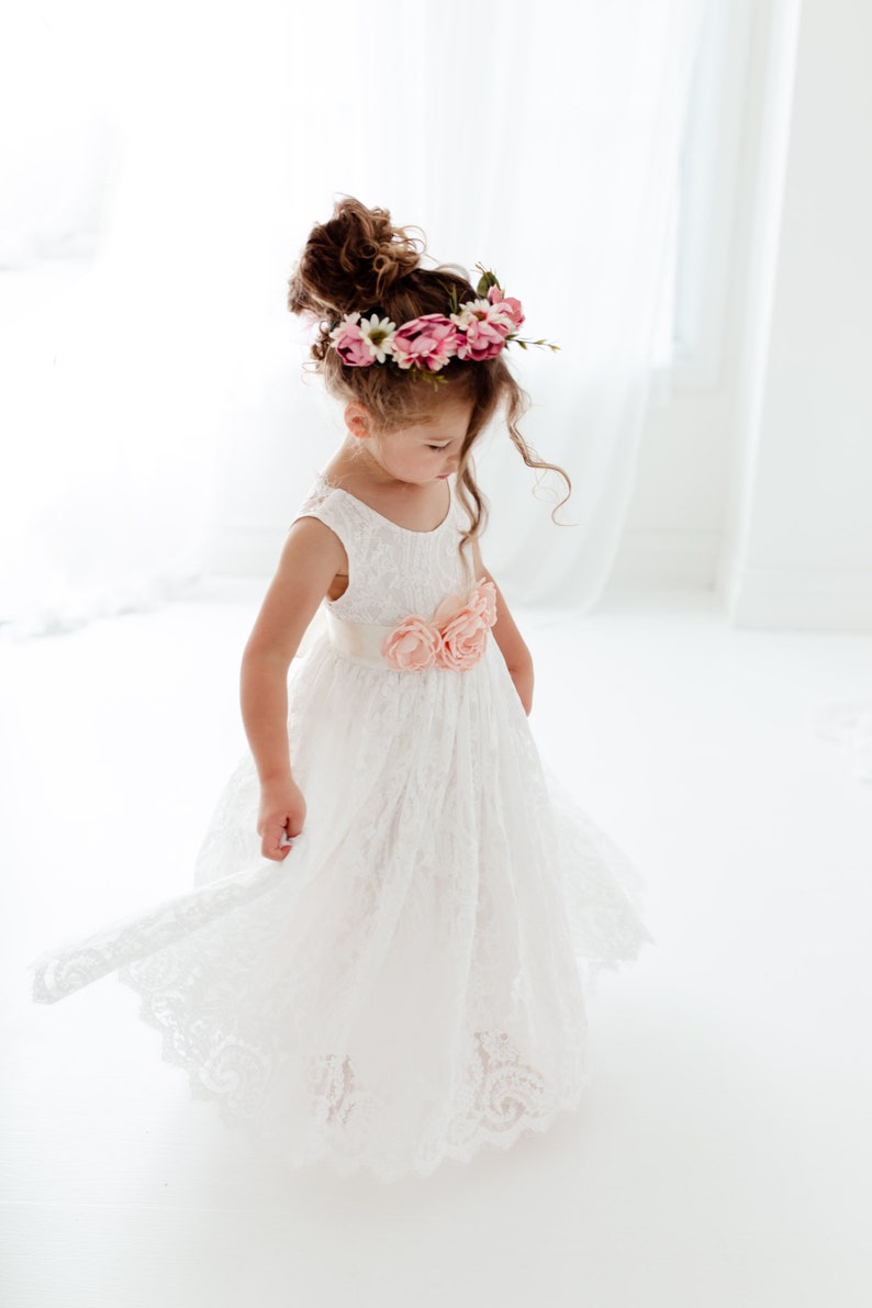 Boho Lace Flower Girl Dress, White Tulle Wedding Dress for Girls, Beach Rustic Bohemian Junior Bridesmaid Gown image 8