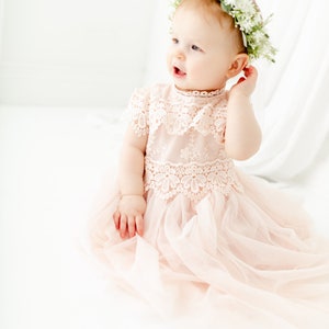 Blush Baby Boho Flower Girl Dress, Bohemian Tulle Wedding Dress, Baby Pink Lace Summer Dress, Crochet Dress image 10