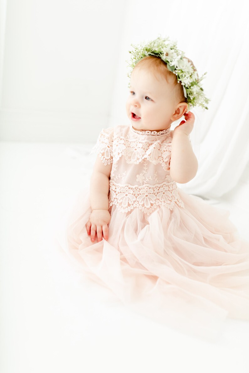 Blush Baby Boho Flower Girl Dress, Bohemian Tulle Wedding Dress, Baby Pink Lace Summer Dress, Crochet Dress image 10