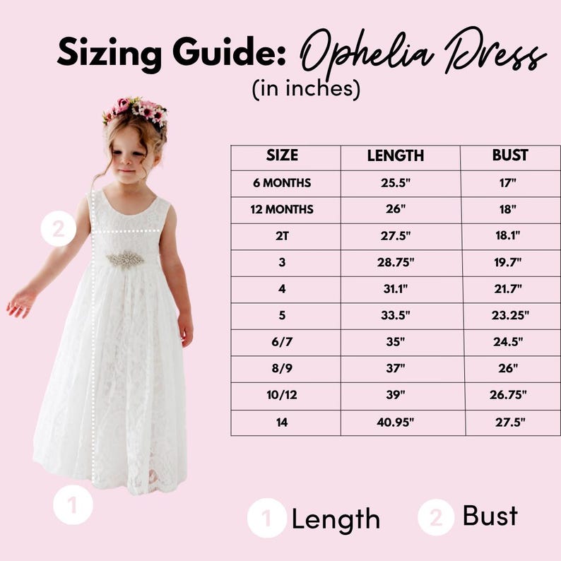 May include: A sizing guide for the Ophelia Dress featuring a white lace dress with a floral headband. A table lists sizes from 6 months to 14 with corresponding length and bust measurements in inches. Dotted lines indicate length and bust areas.