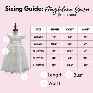 May include: A white gown on a mannequin with a sizing guide chart titled Sizing Guide: Magdalene Gown (in inches). The chart lists sizes from 3 months to 24 months with corresponding length, chest, and waist measurements in inches.
