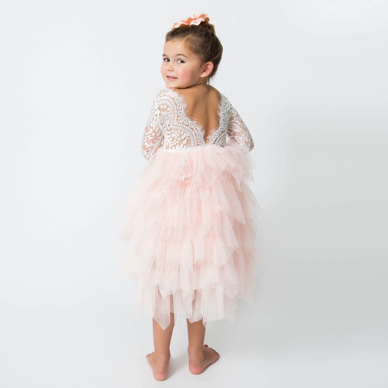 White Lace Flower Girl Dress, Blush Pink Tulle, Long Sleeve Wedding dress, Romantic Boho Dress image 8