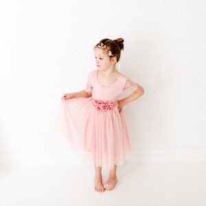 Pode incluir: Uma menina pequena vestindo um vestido de tule rosa com detalhes em renda e uma faixa de flores. Ela est&aacute; usando uma faixa de cabe&ccedil;a dourada com flores brancas.