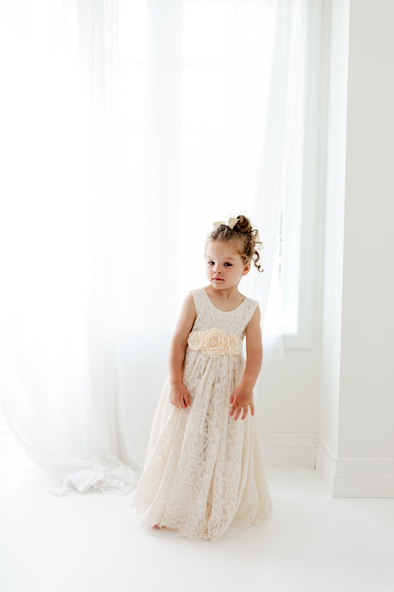 Boho Lace Flower Girl Dress, Cream Tulle Wedding Dress for Girls, Beach Rustic Bohemian Junior Bridesmaid Gown image 10