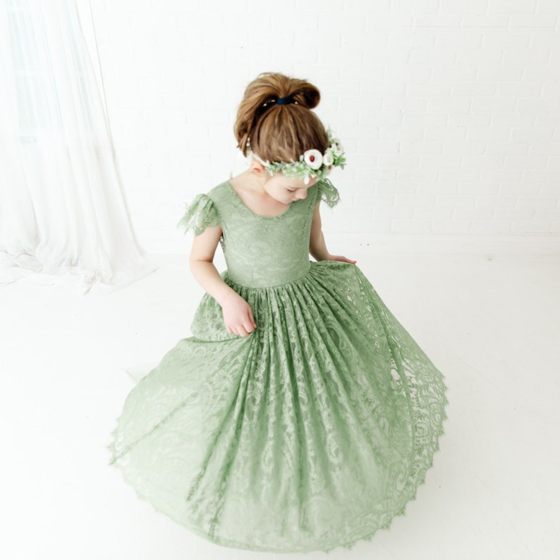 Vestido de niña de flores verde salvia, vestido de novia de tul boho rústico, vestidos boho verdes, vestido de encaje adolescente imagen 8