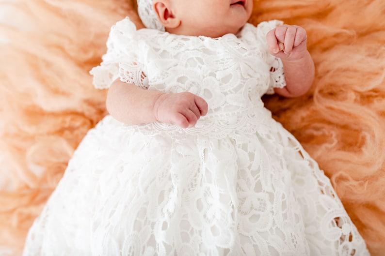 Newborn Lace Christening Gown for Baby Girl, Elegant Baptism Dress, White Blessing Day Outfit, Infant Dedication Ceremony Dress image 7