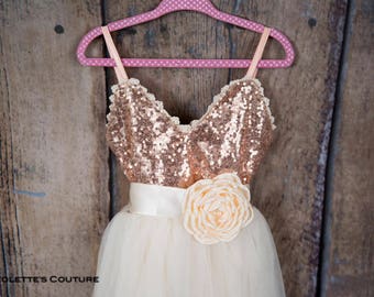 Boho Flower Girl Dress, Rose Gold Sequin Flower Girl Dresses, Rose Quartz, Girls Spring Dresses