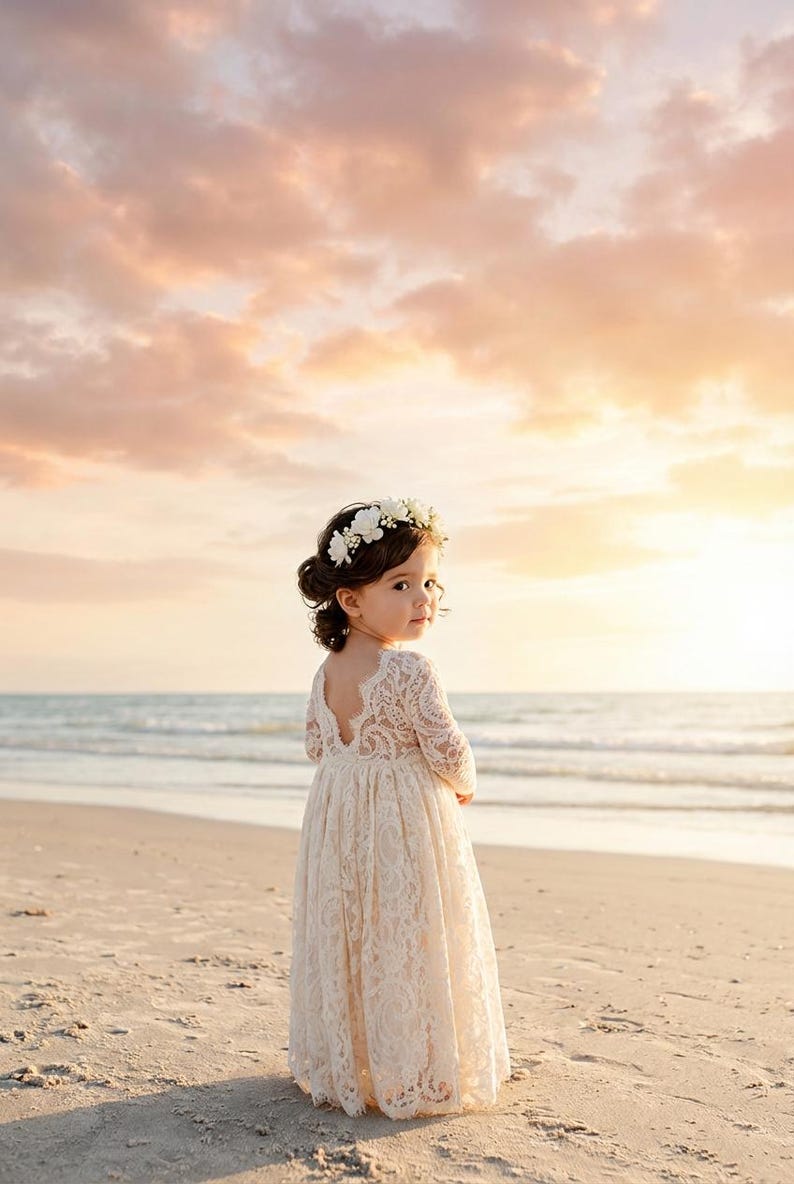 Cream Boho Lace Flower Girl Dress, Tulle Bohemian Wedding Dress for Girls, Special Occasion Junior Bridesmaid Gown image 1