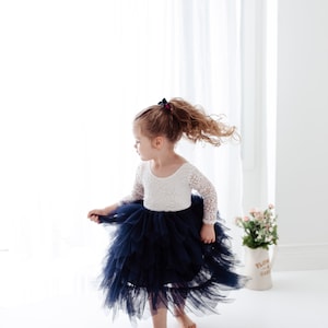 Boho Navy Blue Flower Girl Dress, White Lace Long Sleeve Tulle Dress for Toddlers, Wedding Princess Dress, Junior Bridesmaid Outfit image 11