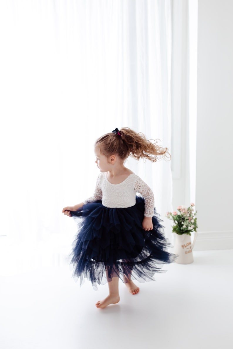 Boho Navy Blue Flower Girl Dress, White Lace Long Sleeve Tulle Dress for Toddlers, Wedding Princess Dress, Junior Bridesmaid Outfit image 11
