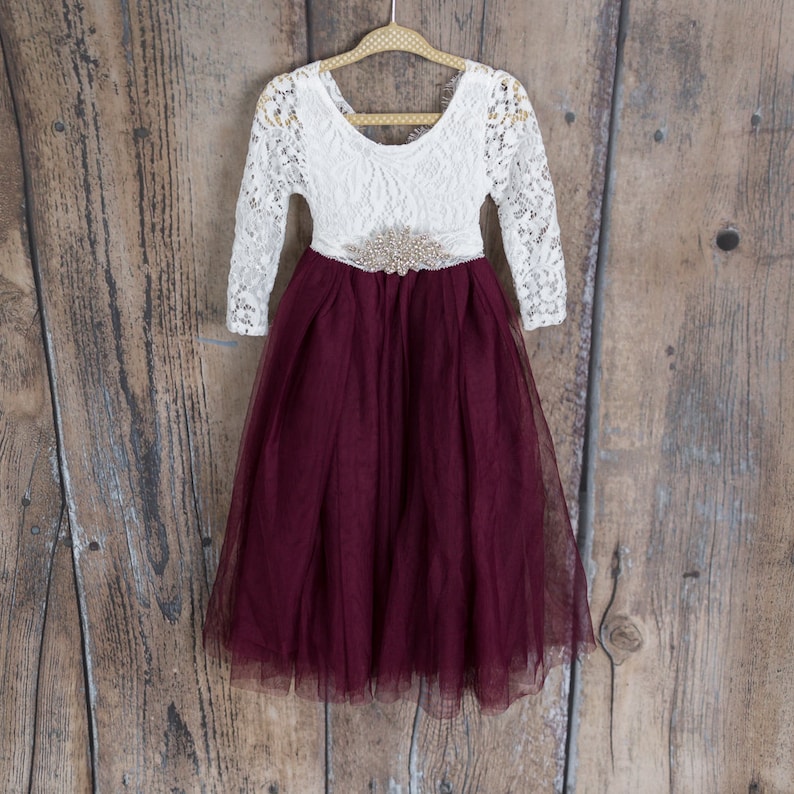 Burgundy Wine Tulle Flower Girl Dress, White Lace Long Sleeve Wedding Dress for Girls, Floor Length Merlot Boho Gown image 7