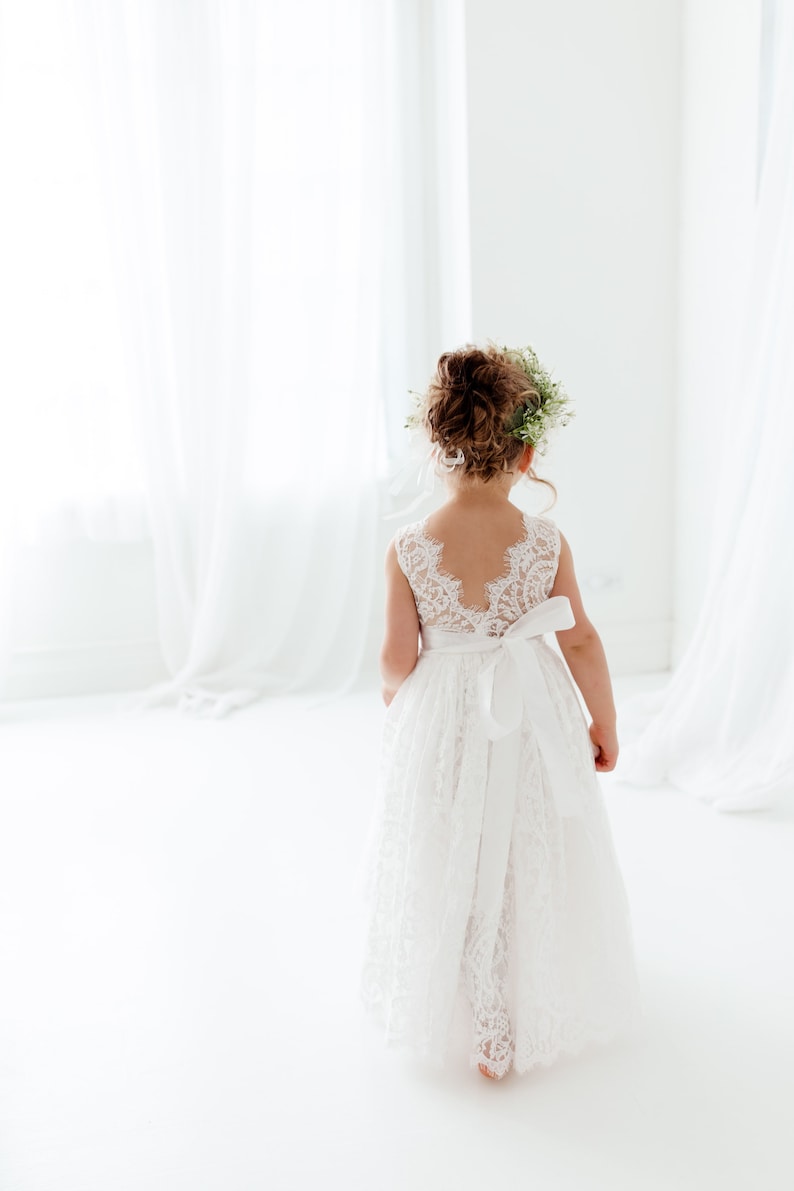 White Boho Flower Girl Dress with Tulle, Rustic Wedding Girl Dress, Bohemian Junior Bridesmaid Dress, Flower Girl Proposal Outfit image 5