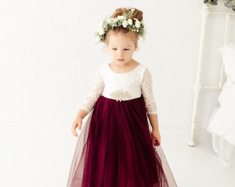 White Lace Flower Girl Dress, Burgundy Tulle Long Sleeve Wedding Gown, Floor Length Wine Dress