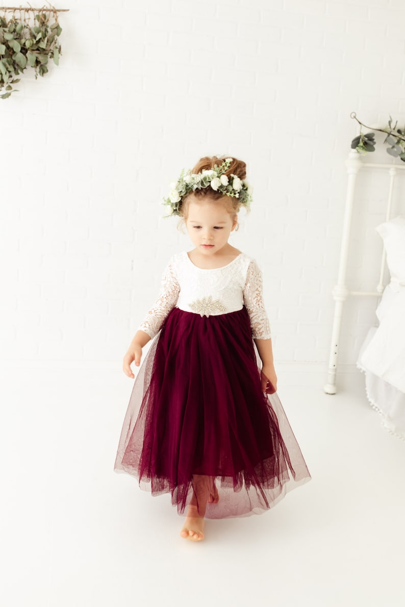 Burgundy Wine Tulle Flower Girl Dress, White Lace Long Sleeve Wedding Dress for Girls, Floor Length Merlot Boho Gown image 2