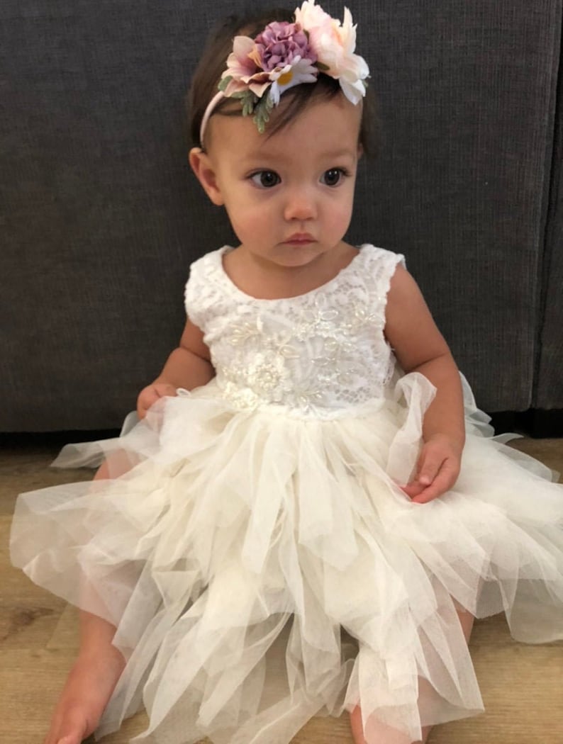 White Lace Infant Flower Girl Dress, Boho Tulle Wedding Gown, Elegant Beach Wedding, Spring Dresses image 8