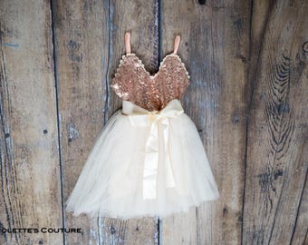 Rose Gold Flower Girl Dress, Ivory Tulle Wedding Gown, 1st Birthday Dress, Boho Beach Wedding