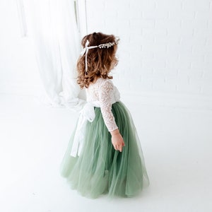 Sage Green Long Sleeve Flower Girl Dress, White Lace Boho Wedding Dress for Girls, Mint Tulle Ball Gown, Eucalyptus & Fern Inspired image 2
