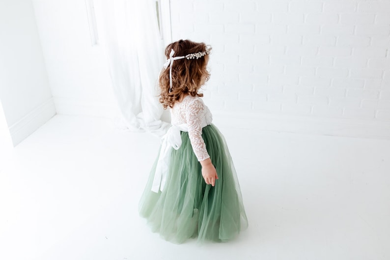 Sage Green Long Sleeve Flower Girl Dress, White Lace Boho Wedding Dress for Girls, Mint Tulle Ball Gown, Eucalyptus & Fern Inspired image 2