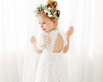 Boho White Lace Flower Girl Dress for Toddlers, Rustic Wedding Gown, Bohemian Junior Bridesmaid Dress