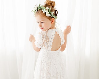 White Lace Flower Girl Dress, Boho Wedding Dress, Rustic Bridal, Bohemian Toddler Dresses