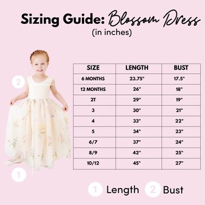 May include: A sizing guide for the Blossom Dress featuring a table with measurements in inches for sizes 6 months to 10/12. The table lists length and bust dimensions for each size, accompanied by a visual diagram indicating length and bust points.