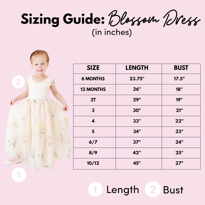 May include: A sizing guide for the Blossom Dress featuring a table with measurements in inches for sizes 6 months to 10/12. The table lists length and bust dimensions for each size, accompanied by a visual diagram indicating length and bust points.